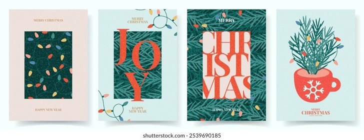 Feliz Navidad y Feliz Año Nuevo. Ilustración vectorial de moda con decoración navideña y diseño tipográfico. Flyers minimalistas contemporáneos del Año Nuevo para tarjeta, cartel, portada, redes sociales.