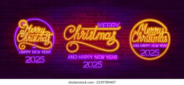 Merry Christmas and Happy New Year 2025 lettering. Vector glowing neon signs. Xmas card.