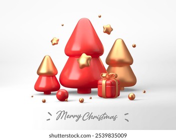 Merry Christmas and Happy New Year festive composition. Colorful Xmas background with realistic 3d trees and gift boxes. Vector illustration