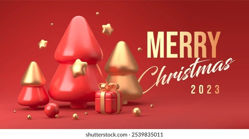 Merry Christmas and Happy New Year festive composition. Colorful Xmas background with realistic 3d trees and gift boxes. Vector illustration