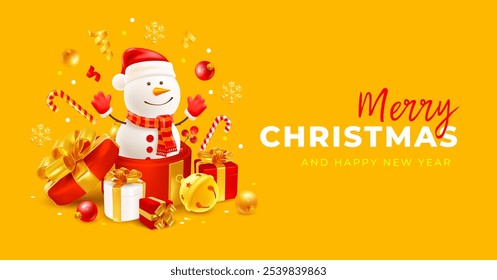 Merry Christmas and Happy New Year festive banner, poster or greeting card. 3D realistic gift box with golden bow, cute snowman, winter holiday decorations on yellow background. Vector illustration