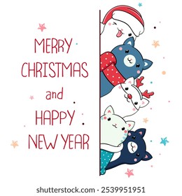 Merry Christmas and Happy New Year. Christmas card with cute cats. Winter holiday greeting card with kawaii animals. Christmas card with cute little kittens in scarves and hats. Vector EPS8