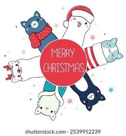 Merry Christmas and Happy New Year. Christmas card with cute cats. Winter holiday greeting card with kawaii animals. Christmas card with cute little kittens in scarves and hats. Vector EPS8