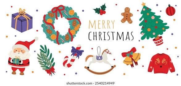 Merry Christmas and Happy New Year! 2025. Vector banner with Christmas tree, Santa, wreath, bells, gift, sweater, sweets. Vector modern cute illustration on white isolated background. 