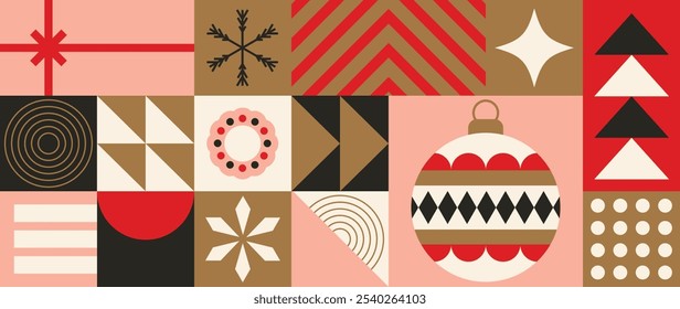 Merry Christmas and happy new year pattern background vector. Decorative elements of christmas tree, snowflake, bauble ball, gift. Design for banner, holidays cover, poster, wallpaper, packaging, ads.