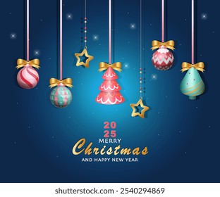 Merry Christmas and Happy New Year greeting card template set with 3D Christmas tree, Christmas ball and star on starry night background. Modern Trendy Christmas Card. Perfect for festive decoration.