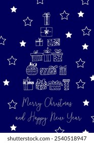 Merry Christmas and Happy New Year card from gift boxes in blue for the New Year holidays, as a wallpaper, holiday design