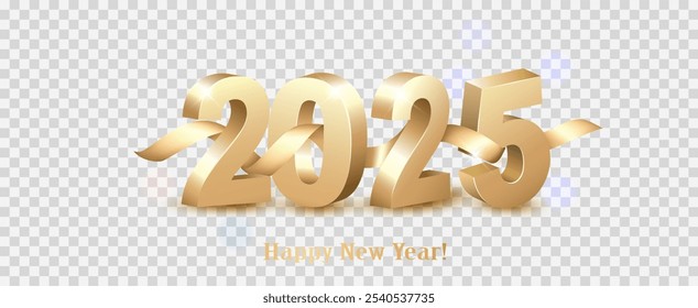 Merry Christmas and Happy New Year 2025. Golden 3D numbers with gold ribbon on transparent background. Festive realistic design. Holiday party 2025 web poster. Vector