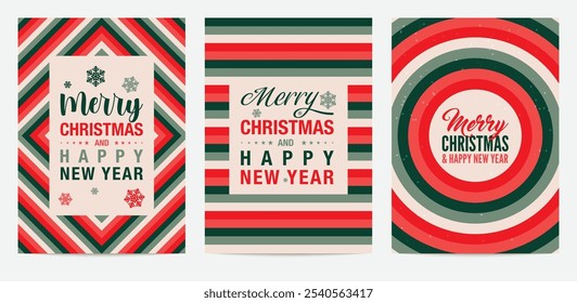 Merry Christmas and Happy New Year set cards. Trendy Christmas vector illustration with stripes