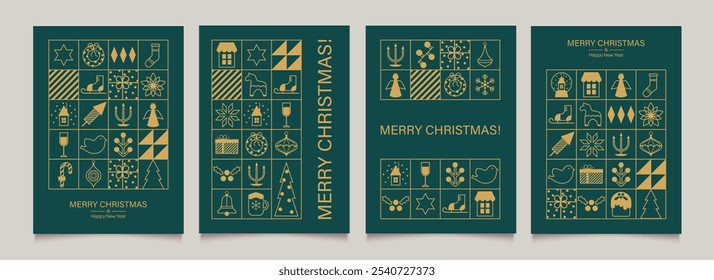 Merry Christmas and Happy New Year collection of greeting cards, posters, holiday backgrounds. Minimalist golden geometric elements on dark green. Modern Xmas party invitation. Vector illustration.
