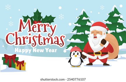 Merry Christmas and Happy new year banner poster vector design with illustration of Santa Claus and Little penguin standing in front of winter background with pine tree and Gift box