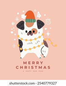 Merry christmas and happy new year concept background vector. Collection drawing of cute dogs with decorative scarf, ribbon, hat. Design for banner, invitation, holidays card, greeting, cover.