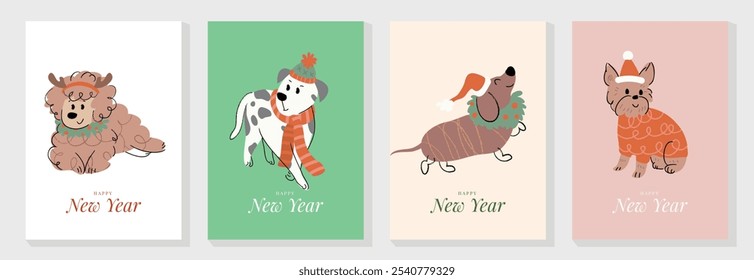 Merry christmas and happy new year concept background vector set. Collection drawing of cute dogs with decorative scarf, ribbon, hat. Design for banner, invitation, holidays card, greeting, cover.