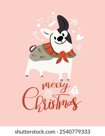 Merry christmas and happy new year concept background vector. Collection drawing of cute dogs with decorative scarf, ribbon, hat. Design for banner, invitation, holidays card, greeting, cover.