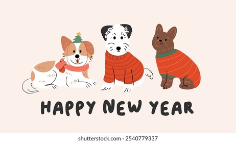 Merry christmas and happy new year concept background vector. Collection drawing of cute dogs with decorative scarf, ribbon, hat. Design for banner, invitation, holidays card, greeting, cover.