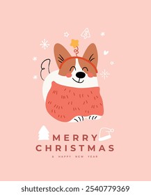 Merry christmas and happy new year concept background vector. Collection drawing of cute dogs with decorative scarf, ribbon, hat. Design for banner, invitation, holidays card, greeting, cover.