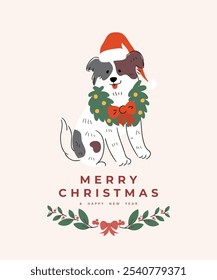 Merry christmas and happy new year concept background vector. Collection drawing of cute dogs with decorative scarf, ribbon, hat. Design for banner, invitation, holidays card, greeting, cover.