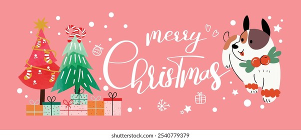 Merry christmas and happy new year concept background vector. Collection drawing of cute dogs with decorative scarf, ribbon, hat. Design for banner, invitation, holidays card, greeting, cover.