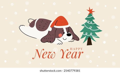 Merry christmas and happy new year concept background vector. Collection drawing of cute dogs with decorative scarf, ribbon, hat. Design for banner, invitation, holidays card, greeting, cover.