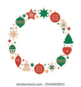 Merry Christmas and Happy New Year round frame with Christmas tree decorations of different shapes. Holiday circle wreath in red, green and beige colors on white background. Festive template