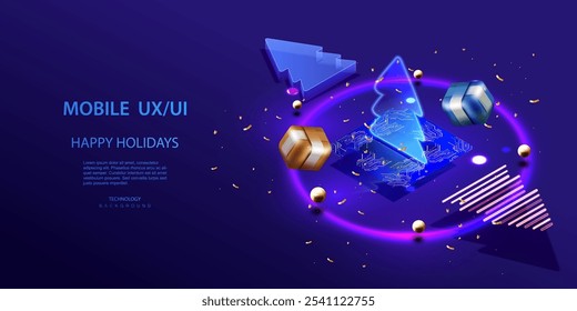 Merry Christmas and Happy New Year. Happy Ai holidays card vector background. Isometric technology and business holidays trees in high tech style banner. Neon gift box and balls futuristic card.