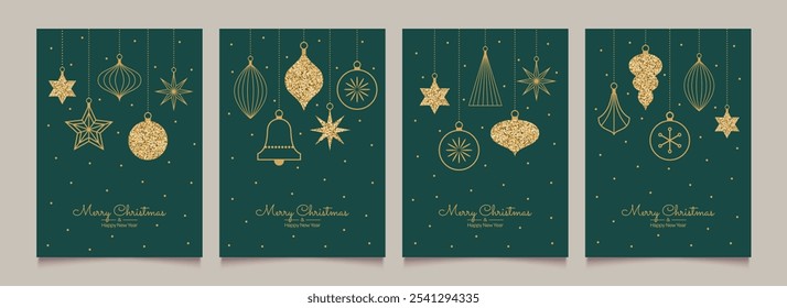 Merry Christmas and Happy New Year set of greeting cards, posters, template backgrounds. Minimalist golden geometric elements. Modern Xmas party invitation. Vector illustration.
