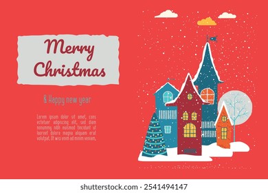 Merry Christmas and Happy New Year. A festive greeting card with fairy-tale houses, a Christmas tree, Christmas balls, snow on a red background. Retro vector design with typography.