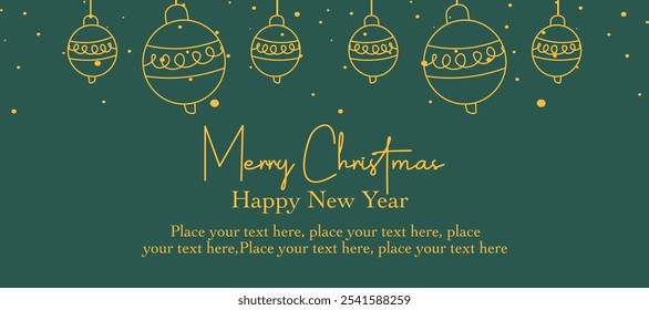 Merry Christmas, Happy New Year, holiday greeting card, modern xmas design with minimal art, typography, ball and snow pattern illustration on green background for banner, poster, cover template