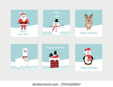 Tarjeta de felicitación de feliz Navidad y feliz año nuevo con lindo Papá Noel, muñeco de nieve, lama, pingüino y ciervo. Personaje de dibujos animados de Festiva en la temporada invernal. Vector