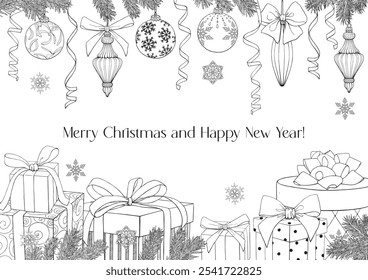 Merry Christmas, Happy New Year Vintage linear illustration with gifts boxes, bows, balls, toys, ribbon, fir branches. Black white. Hand drawn Vector background for design holiday decor, greeting card