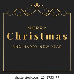Merry Christmas and Happy New Year template with gold vintage elegant frame and typography on black background. Creative concept for card, banner, poster. Vector illustration