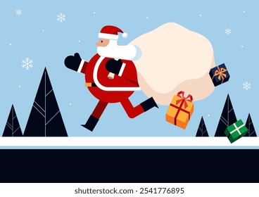 Merry Christmas and happy new year holiday concept. Santa Claus running with big bag of gift box flat design. Design element for greeting card, postcard, backdrop, brochure, print, vector illustration