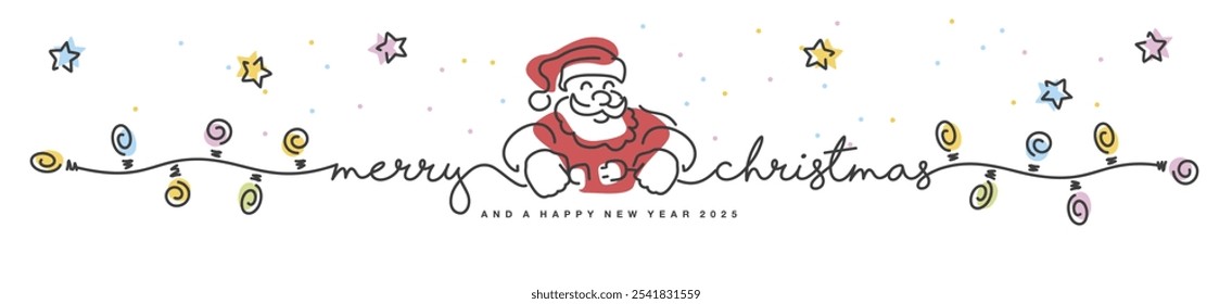 Frohe Weihnachten und alles Gute zum neuen Jahr 2025 Liniendesign handgeschriebene Schrift Typografie, Sterne und Schneeflocken Konfetti mit Weihnachtsmann schaltet die bunten Weihnachtsbeleuchtung auf weißem Hintergrund