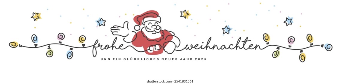 Frohe Weihnachten und alles Gute zum neuen Jahr 2025 Handgeschriebener Schriftzug mit Schrift, Sterne und Schneeflocken Konfetti mit Weihnachtsmann schaltet die bunten Weihnachtsbeleuchtung auf einem weißen b ein