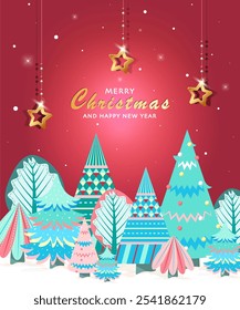 Navidades felices y feliz año Nuevo Plantilla de tarjeta de felicitación con árboles de Navidad y estrella de Navidad sobre fondo de noche estrellada. Tarjeta de Navidad de moda moderna. Perfecto para decoración festiva.