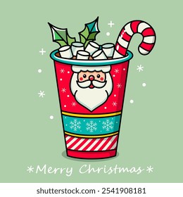 Merry Christmas and Happy New Year greeting card. Cup of hot chocolate with marshmallows and caramel and Santa Claus face. Flat vector illustration isolated