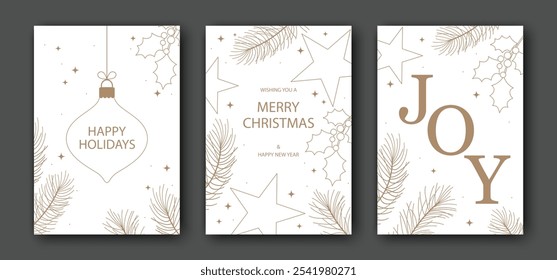 ¡Felices Navidades y Feliz Año Nuevo! Conjunto de tarjetas de felicitación de Navidades, carteles, cubiertas de vacaciones. Árboles de Navidad dorados de lujo, estrellas, rama de acebo, Ilustración vectorial de invierno.