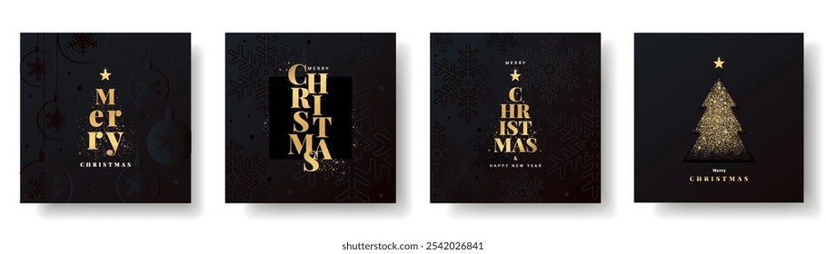 Frohe Weihnachten und Frohes neues Jahr Grußkarte oder Banner für Social Media. Set von Luxus-Weihnachten modernes Design mit goldener Typografie, Bälle, Schneeflocken, Weihnachtsbaum und Glitter auf schwarzem Hintergrund.