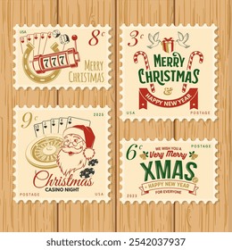 Merry Christmas and Happy New Year 2025 retro postage stamp with Santa Claus, Christmas tree, gifts, poker card, casino chips, roulette. Vector illustration. Vintage design for xmas, new year emblem.