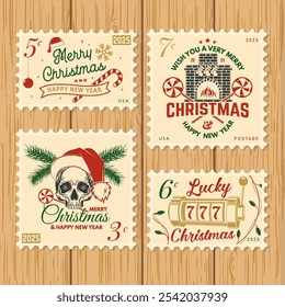 Merry Christmas and Happy New Year 2025 retro postage stamp with Santa Claus, Christmas tree, gifts, fireplace, casino roulette. Vector illustration. Vintage design for xmas, new year emblem.