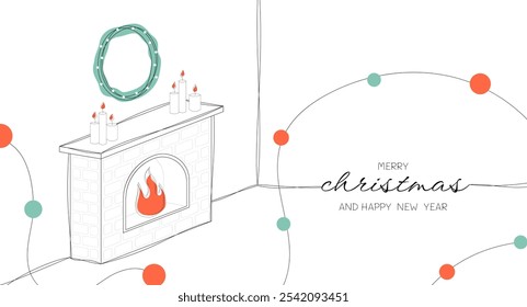 Merry Christmas and Happy New Year. Artline, one line, sketch. Fireplace and garland. Hand drawn vector illustration