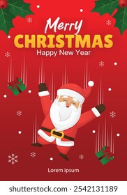 Merry Christmas and Happy new year banner poster vector design with illustration of Santa Claus falling with present Gift box