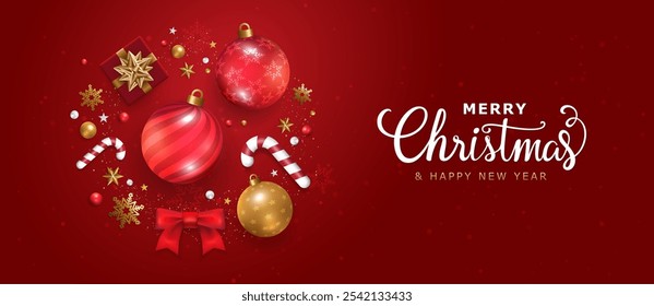 Merry Christmas and happy new year background. Christmas letters, Gift boxes, Christmas balls. Christmas element for web, banners, greeting card, template design. Vector EPS10.