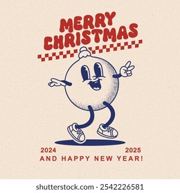 Merry Christmas and Happy New year smiling christmas tree decoration ball in trendy retro cartoon style