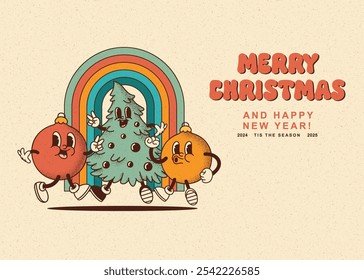 Merry Christmas and Happy New year smiling christmas tree, decorations toy in retro cartoon style