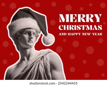 merry christmas and happy new year concept collage design with ancient statue wearing Santa hat holiday greeting card red background retro vintage halftone grunge dotted festive elements