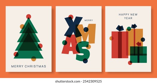 Merry Christmas and Happy New Year greeting card Set. Modern beautiful Xmas design.
