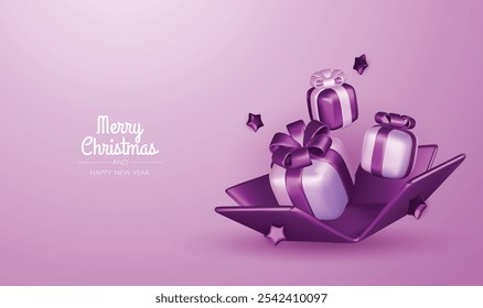 Merry Christmas and happy new year background. Christmas tree, Gift boxes, Christmas balls. Christmas element for web, banners, greeting card, template design.