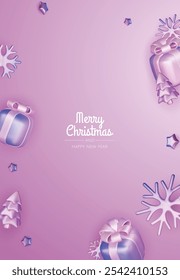 Feliz Navidad y feliz año nuevo de fondo. Árbol de Navidad, cajas de regalo, bolas de Navidad. Elemento de Navidades para Web, Anuncios, tarjeta de felicitación, diseño de Plantilla.