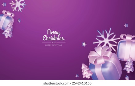 Merry Christmas and happy new year background. Christmas tree, Gift boxes, Christmas balls. Christmas element for web, banners, greeting card, template design.